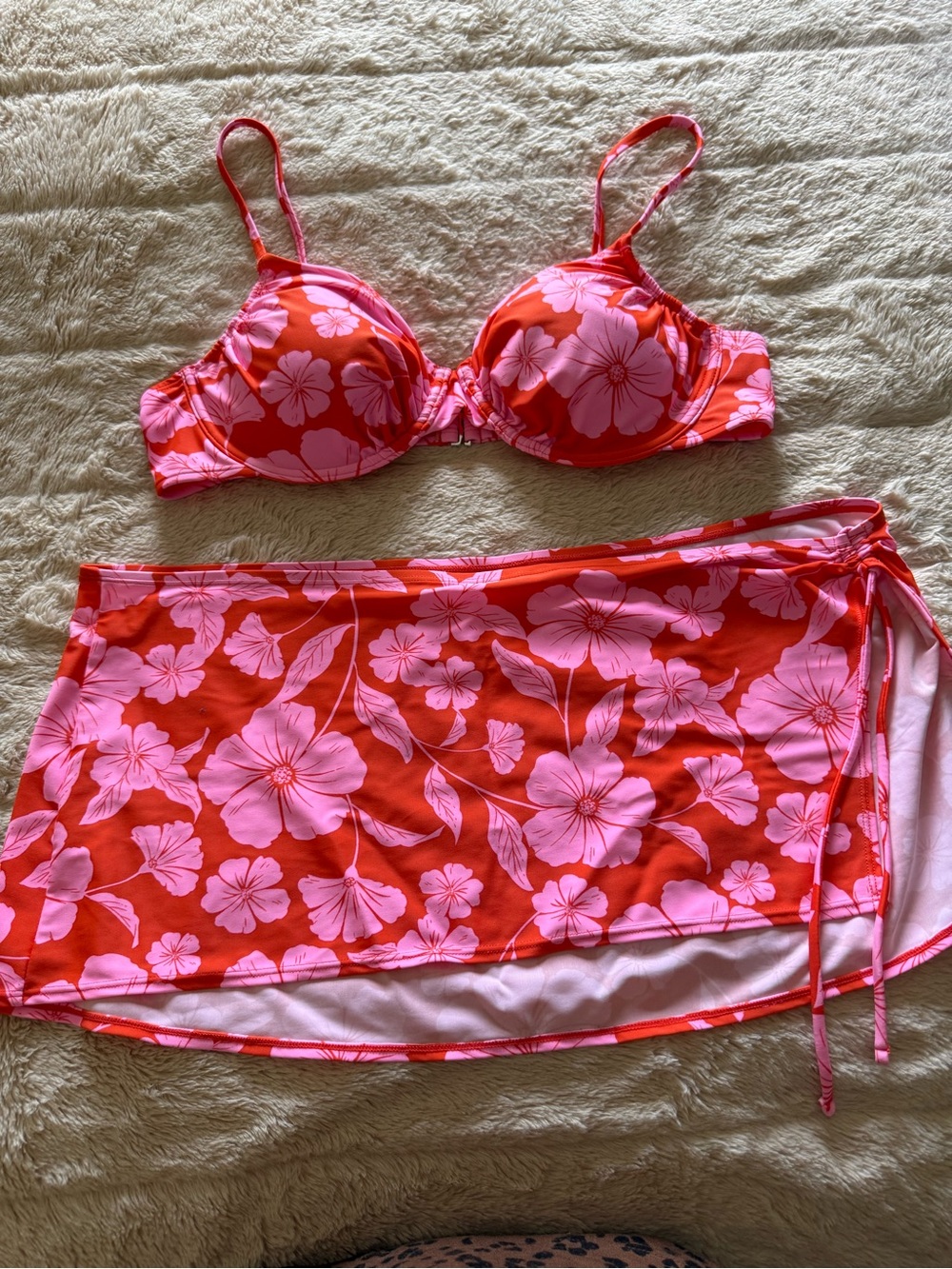 wild fable Pink and Red Floral Two-Piece Bikini Set with Skirt
